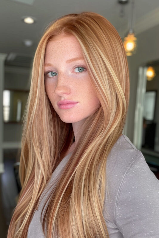 Woman with a strawberry blonde reverse balayage hairstyle.