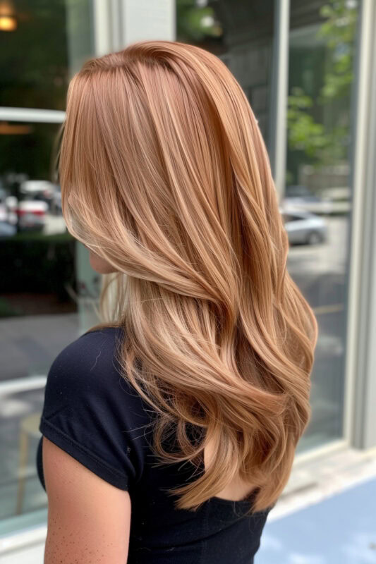 Woman with strawberry blonde hair and highlights.