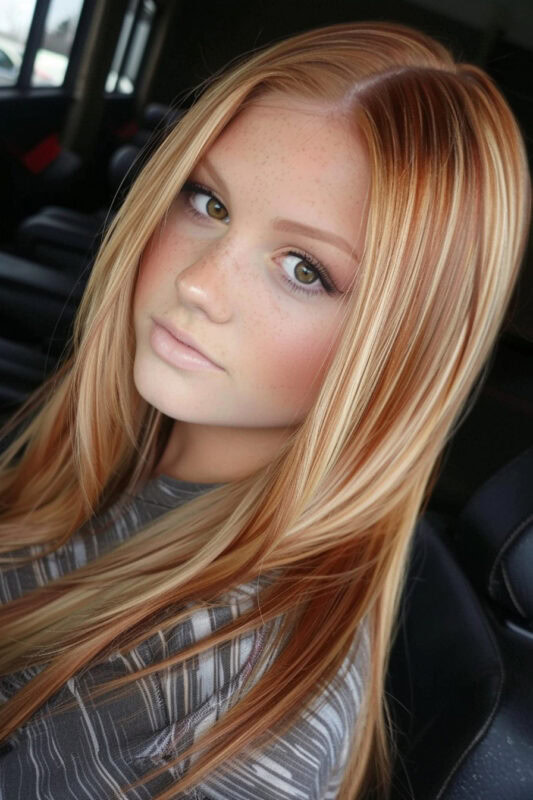 Woman with strawberry blonde hair and platinum highlights.