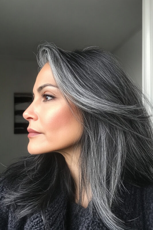 Mujer en transición de cabello negro a gris.