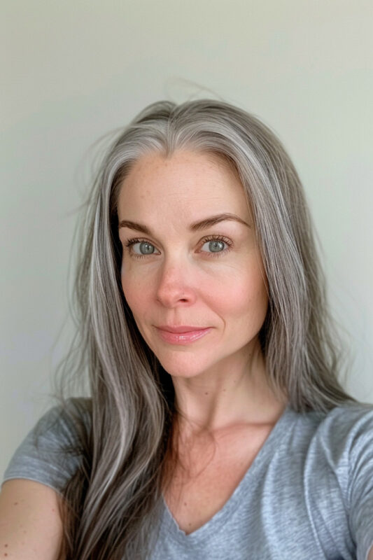 Mujer en transición de cabello castaño a gris.