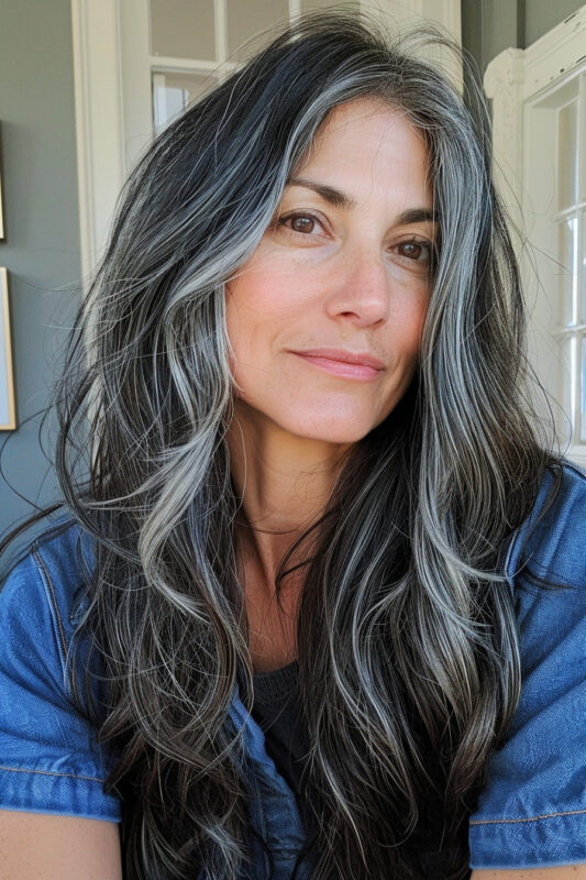 Mujer en transición de cabello oscuro a gris.