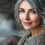 Woman in the process of transitioning to gray hair from dark hair.