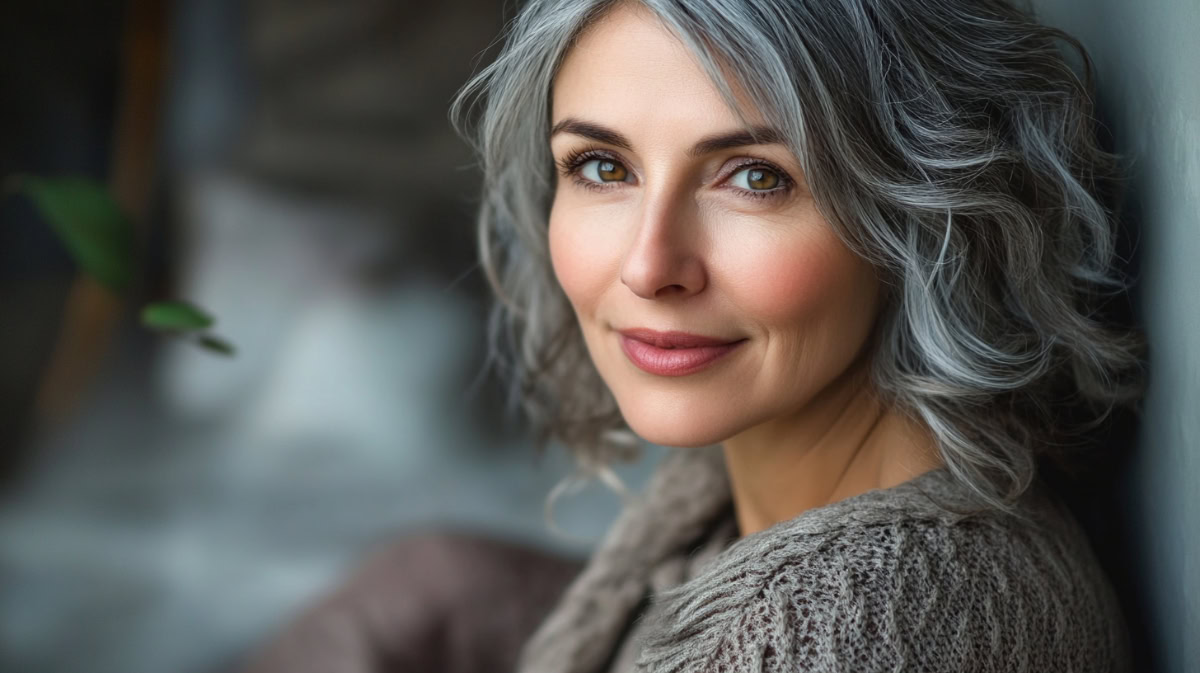 Woman in the process of transitioning to gray hair from dark hair.