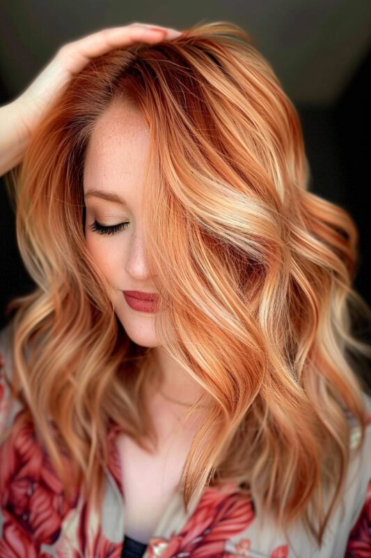 Woman with two-tone blonde highlights on her copper hair.