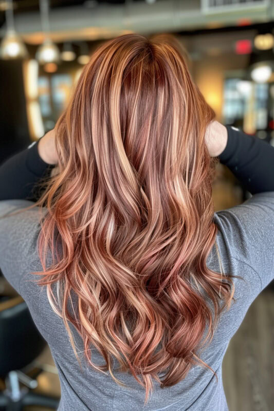 Woman with two-tone blonde highlights on her red hair.