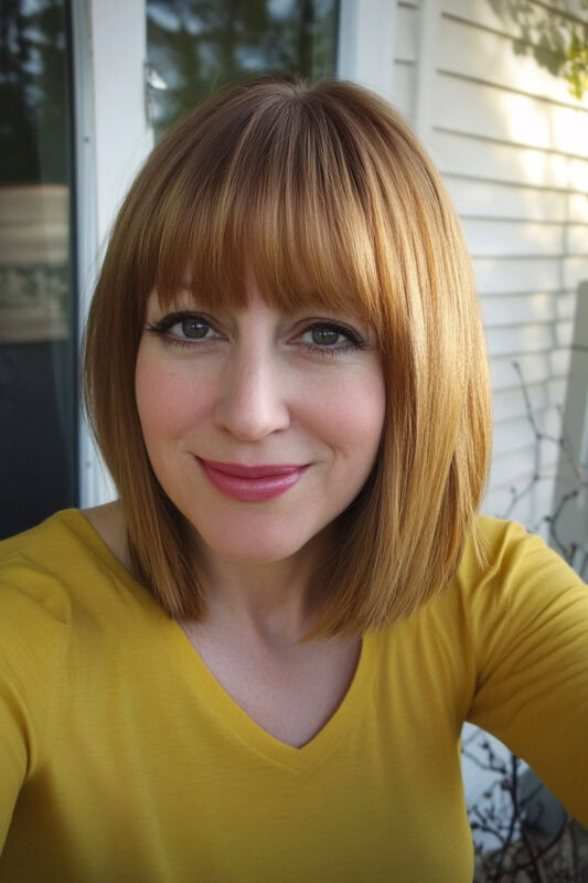 Woman with caramel butterscotch honey blonde hair.