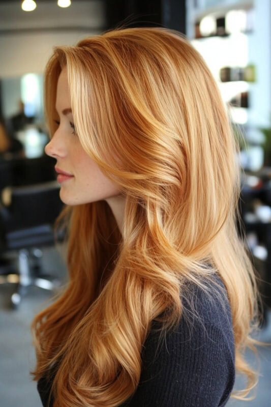 Woman with caramel honey blonde hair.