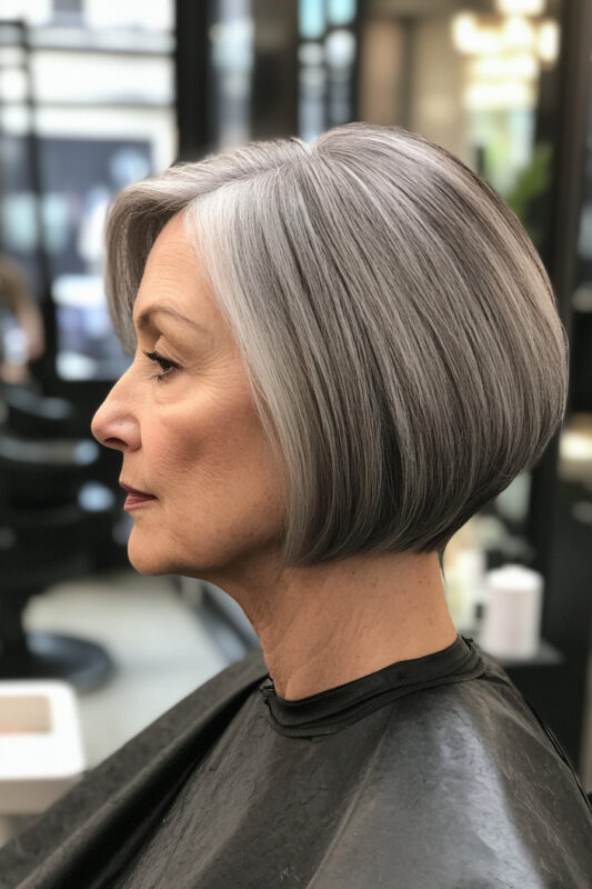 Woman over 50 with a chin-length, rounded gray short bob.