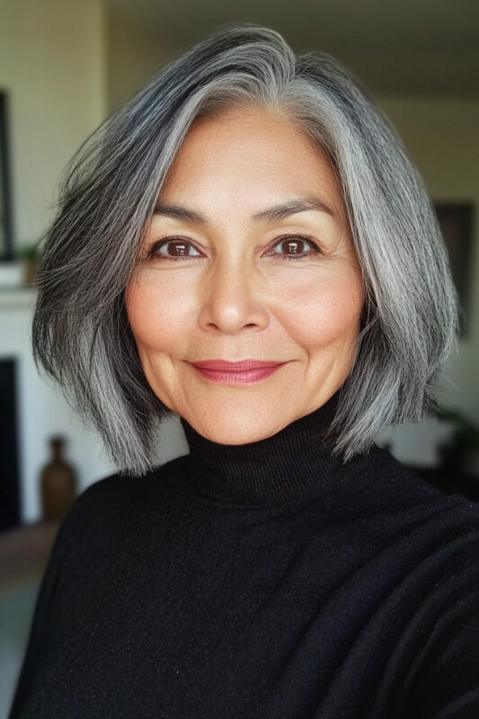 Woman over 50 with a chin-length salt and pepper bob.