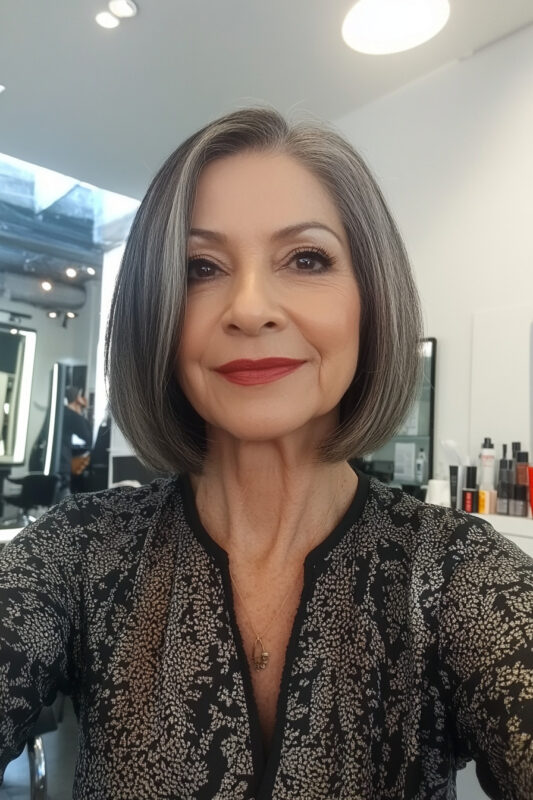 Woman over 50 with a chin-length salt and pepper bob with a side part.