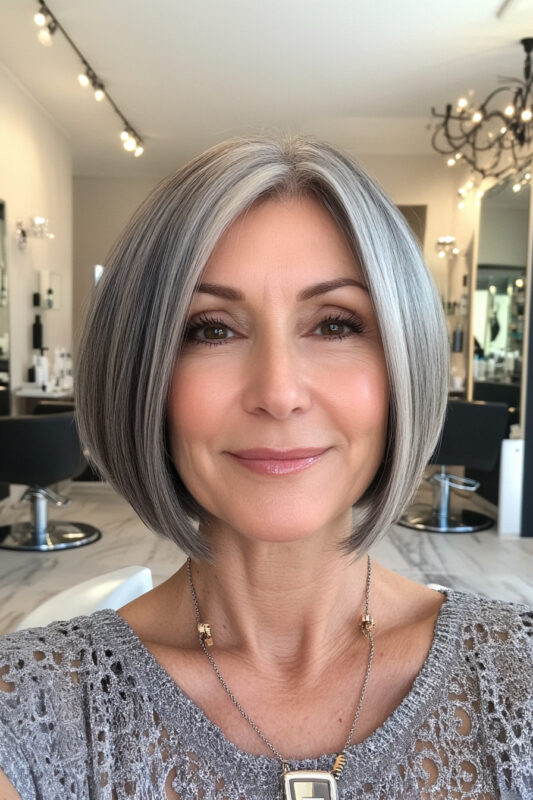 Woman over 50 with a classic chin-length grey bob.