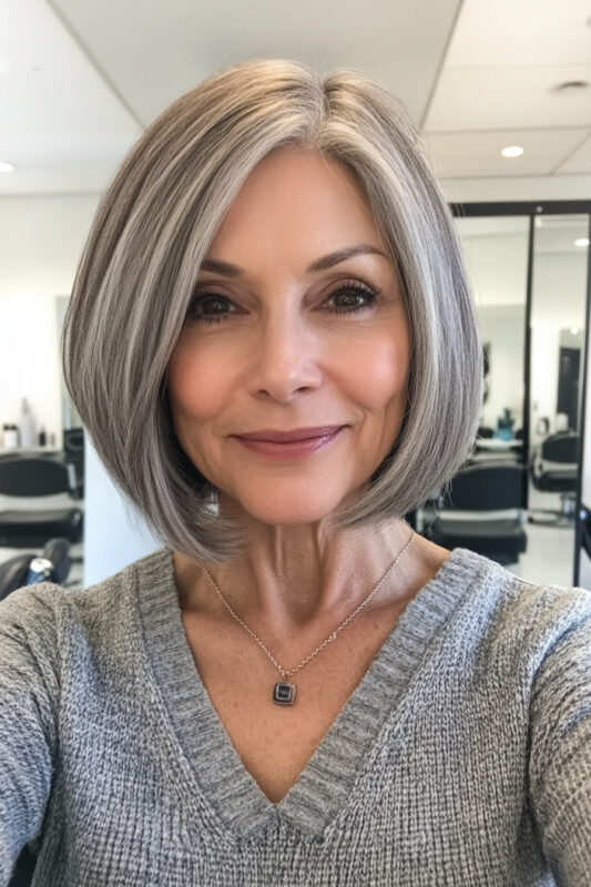 Mujer mayor de 50 años con un corte bob gris clásico.