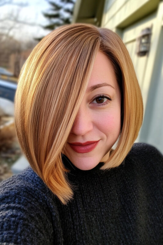 Mujer con cabello rubio miel oscuro.