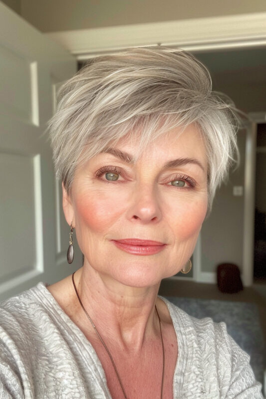 Woman with a feathered pixie hairstyle and side-swept bangs.