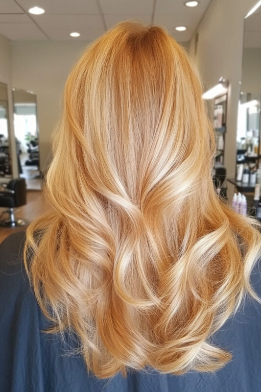 Woman with a golden honey blonde hair color.