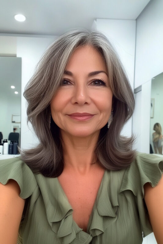 Woman over 50 with a gray layered bob with face-framing highlights.