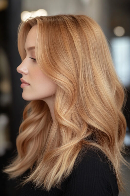 Woman with honey beige blonde hair.