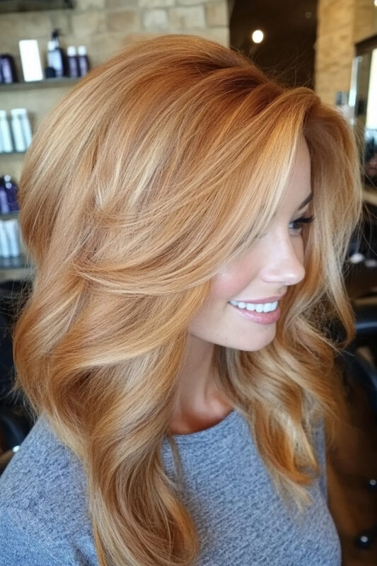 Woman with honey blonde hair and caramel lowlights.