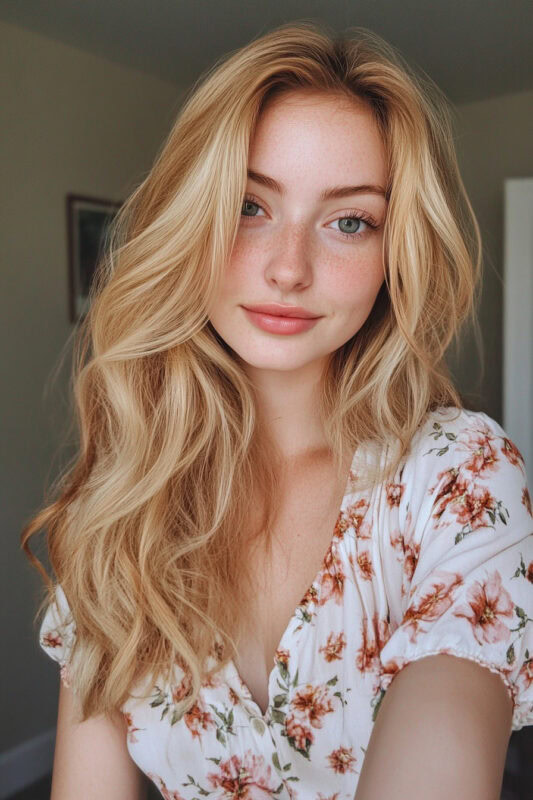 Woman with honey blonde hair and highlights.