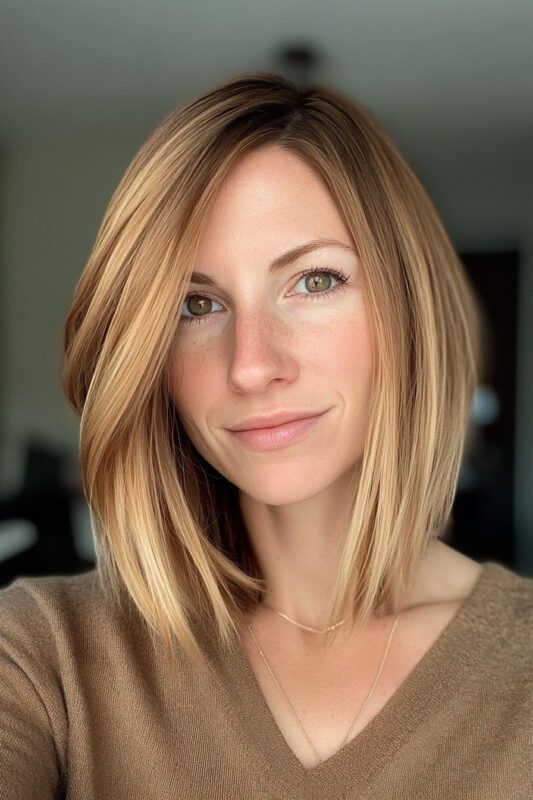 Mujer con cabello rubio miel con reflejos.