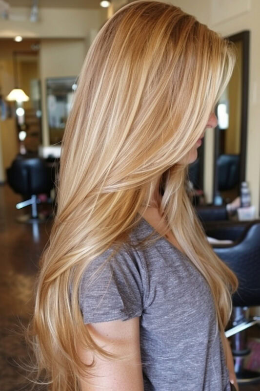 Mujer con cabello rubio miel y reflejos caramelo.