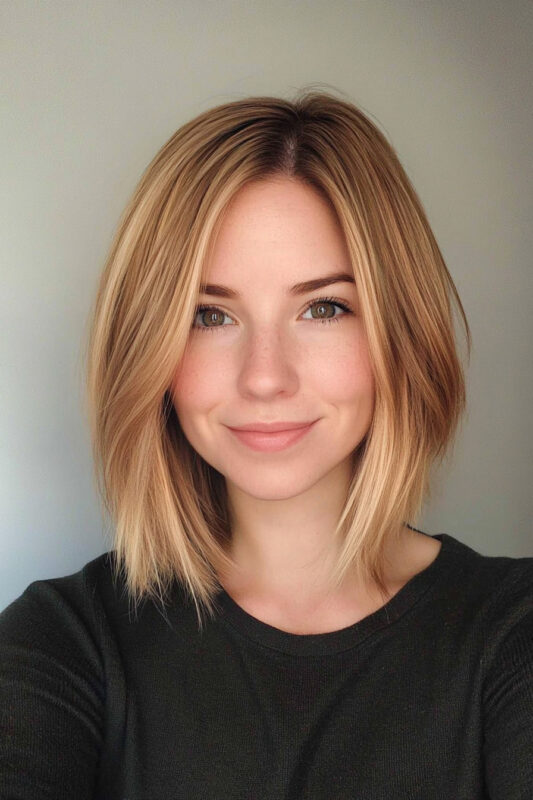 Woman with honey blonde hair and dark roots.