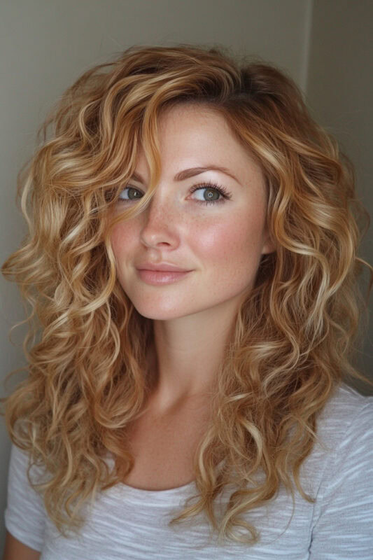 Woman with honey blonde hair and platinum highlights.