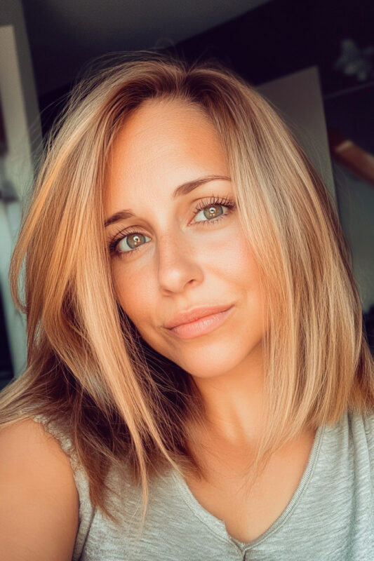 Woman with honey bronde hair.