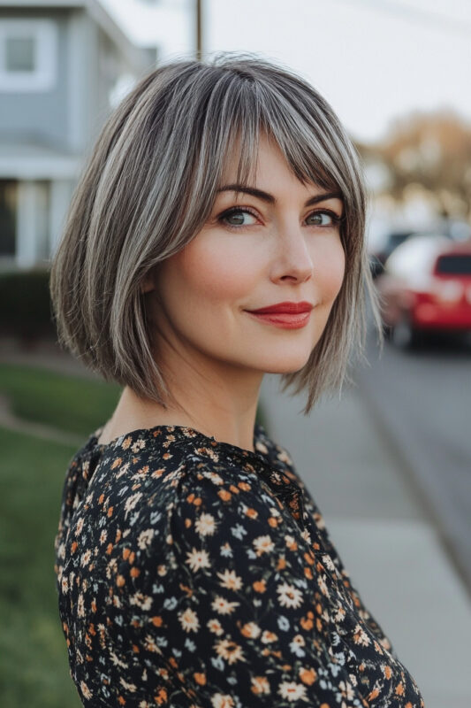 Woman with an inverted salt and pepper bob with fringe.