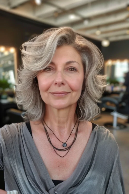 Woman over 50 with a curled layered bob haircut.