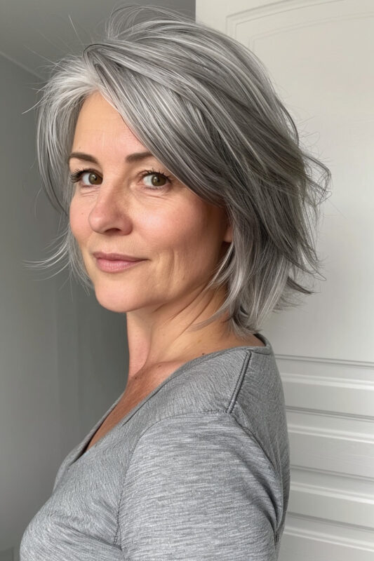 Woman over 50 with a choppy layered bob haircut.