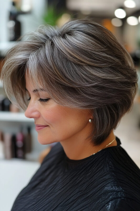 Woman over 50 with a textured short layered haircut.