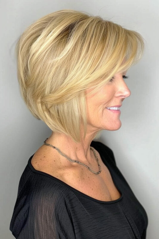 Woman over 50 with an angled bob and layers haircut.