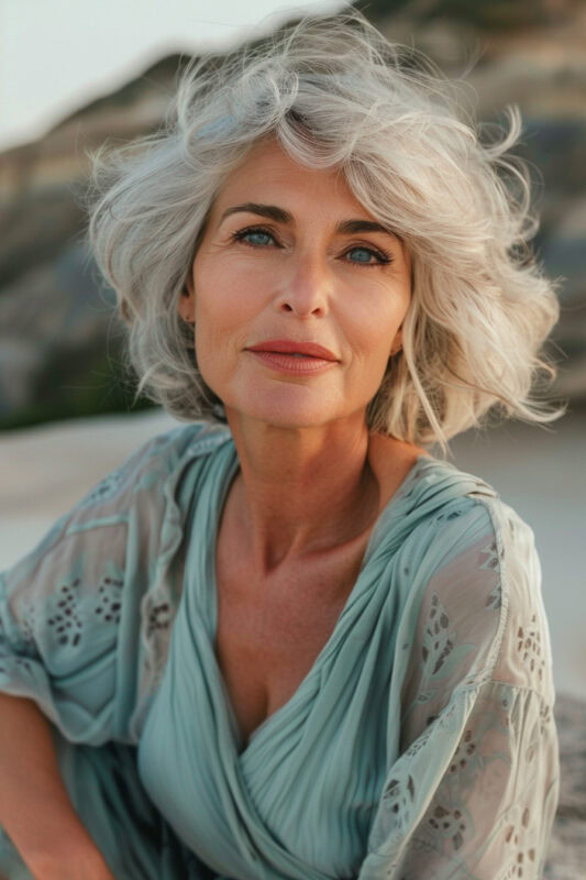 Woman over 50 with a tousled bob and soft layers haircut.