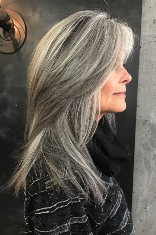 Woman over 50 with a classic long layered haircut.