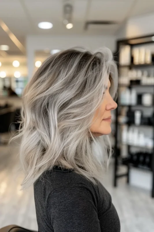 Woman over 50 with long shaggy layered haircut.