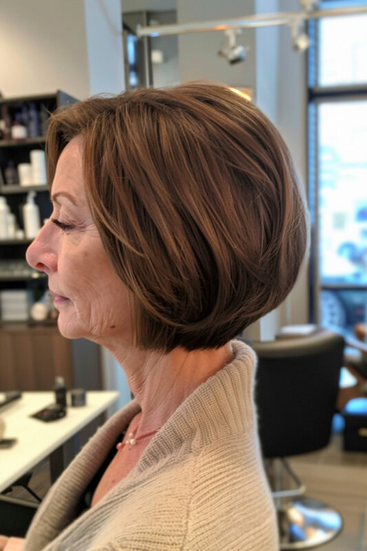 Woman over 50 with a stacked bob and layers haircut.