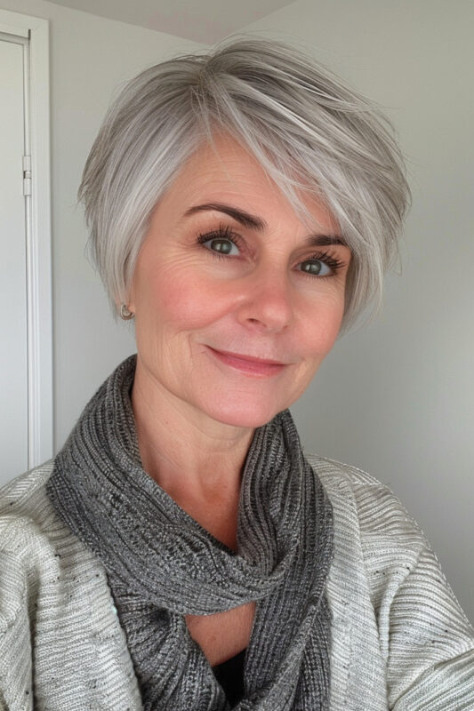 Woman over 50 with a textured pixie bob and side bangs haircut.