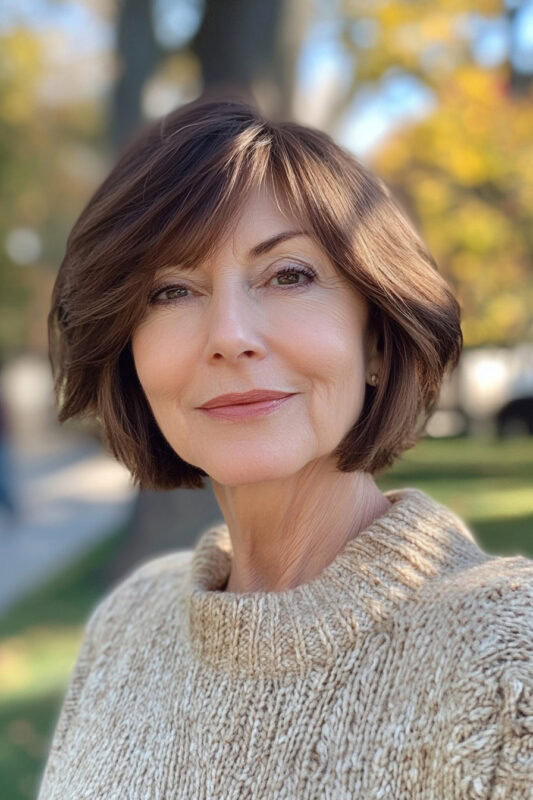 Woman over 50 with a textured short bob haircut with a side part and bangs.