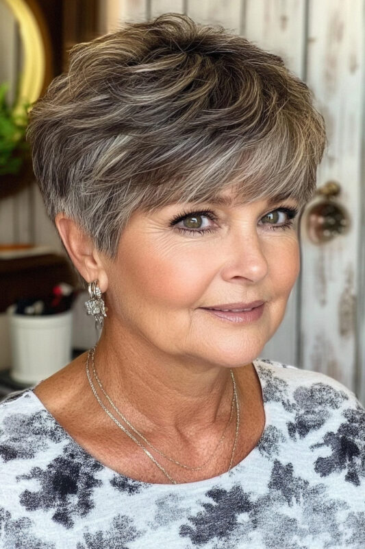 Woman over 50 with a short feathered pixie haircut.