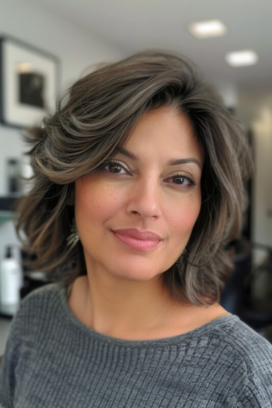 Woman over 50 with a textured layered haircut.