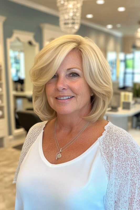 Woman over 50 with a blowout bob and subtle layers haircut.