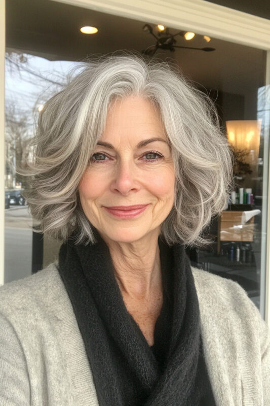 Woman over 50 with a wavy chin-length bob and layers haircut.