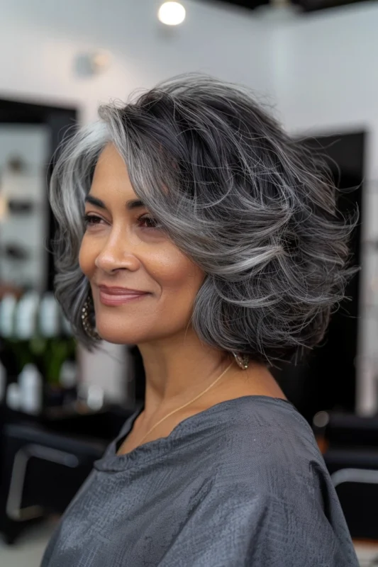 Woman over 50 with classic nape-length layered haircut.