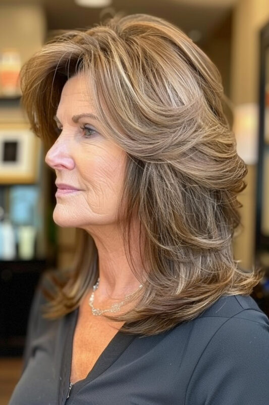 Woman over 50 with long feathered layers haircut.