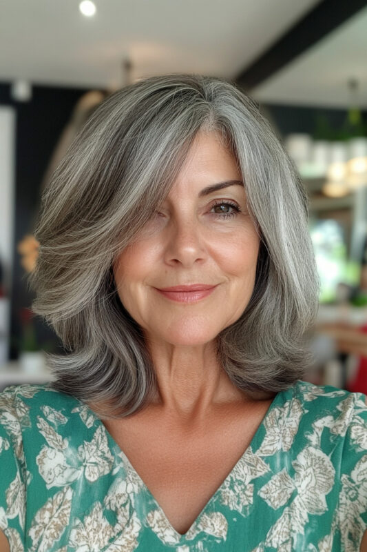 Woman over 50 with a layered salt and pepper bob with a side part.