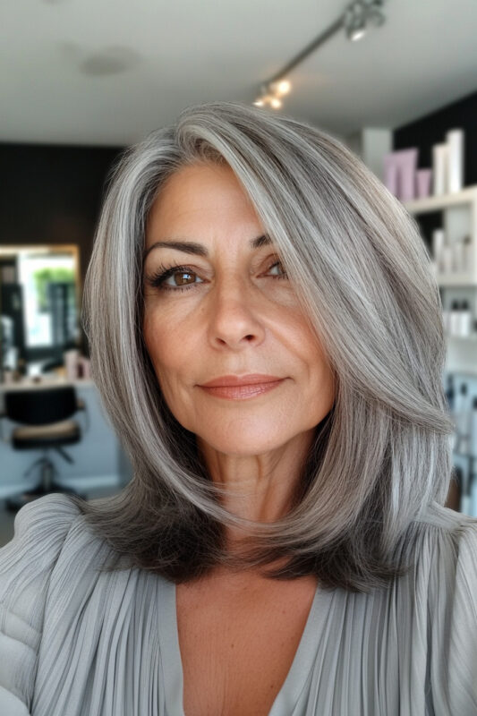 Woman over 50 with a long, layered salt and pepper bob.