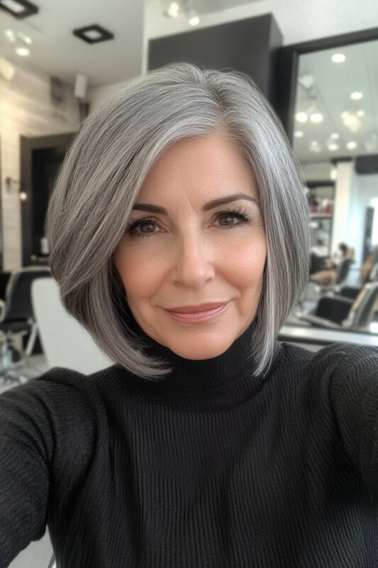 Woman over 50 with a medium-length grey bob with a side part.