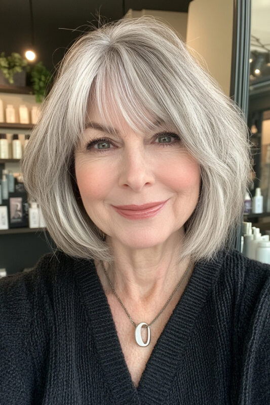 Woman over 50 with a medium-length silver bob cut with bangs.